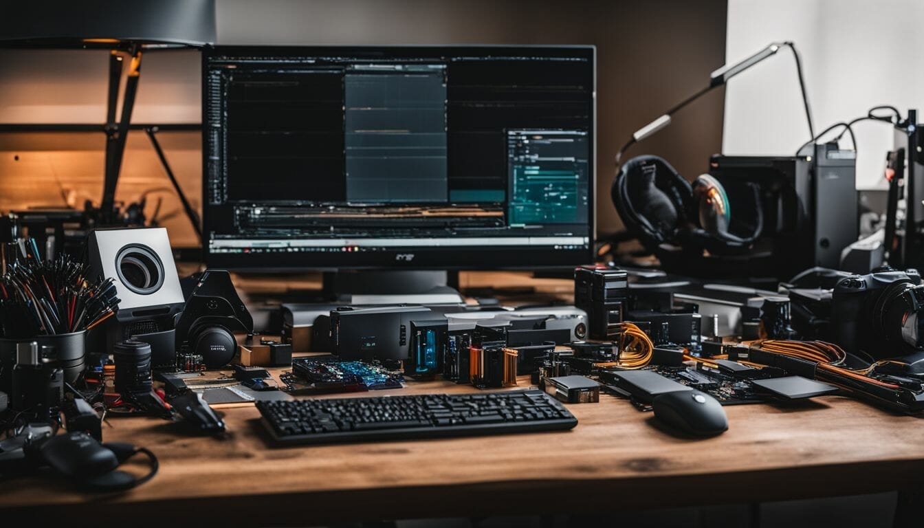 A collection of PC building tools ready for use on a workbench.