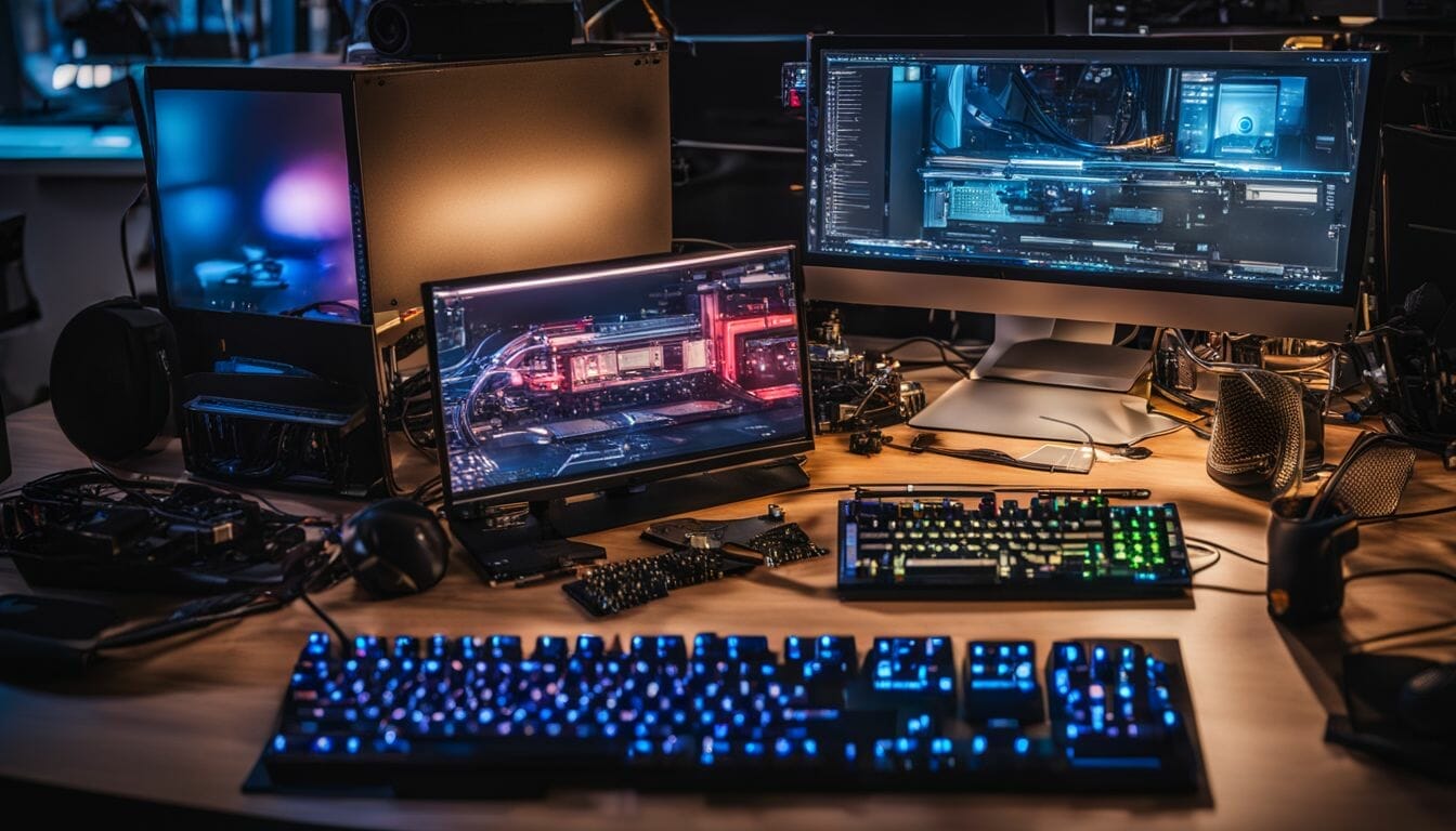 Neatly arranged PC building tools with a computer motherboard in background.