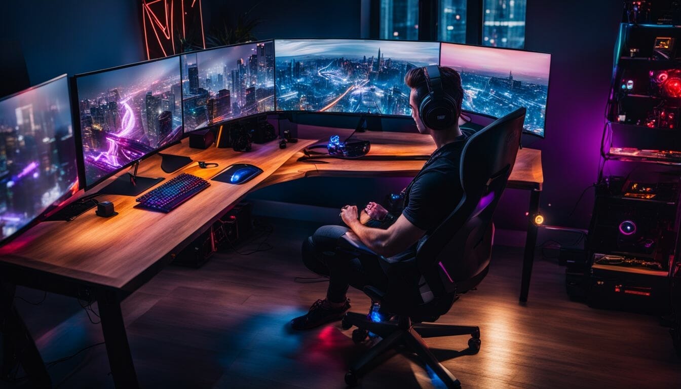 A gamer with a high-end PC setup surrounded by gaming accessories.