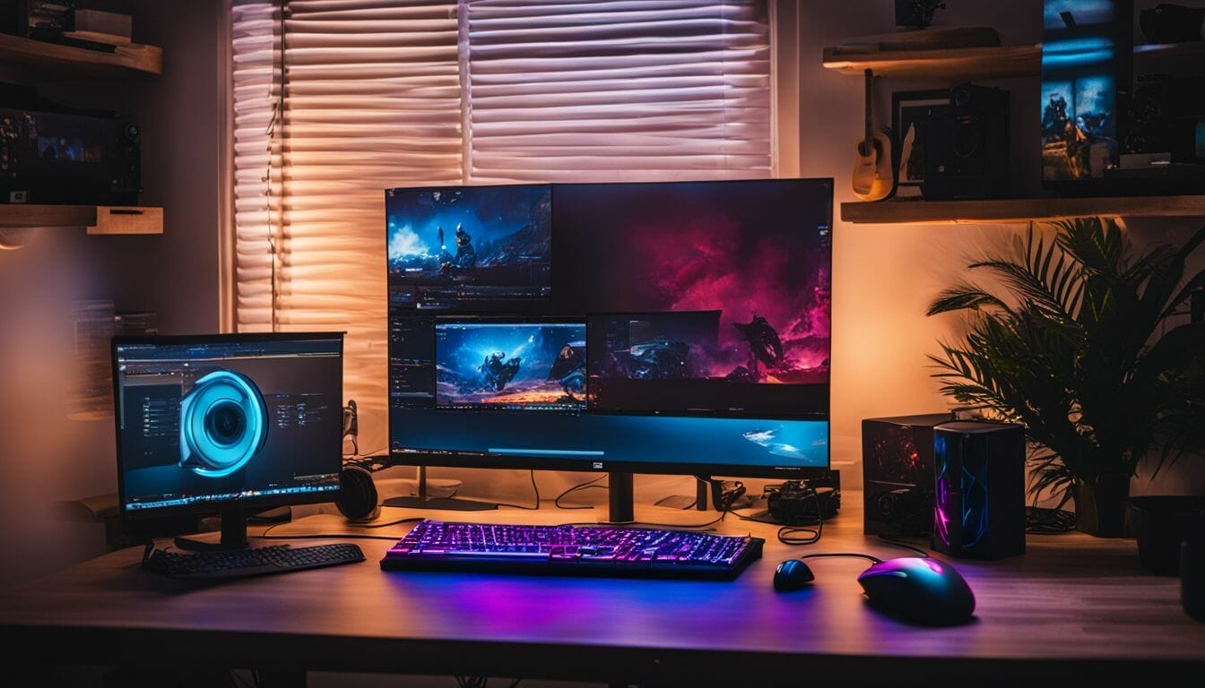 A high-performance gaming setup with various people enjoying it. A high-performance gaming setup with various people enjoying it.