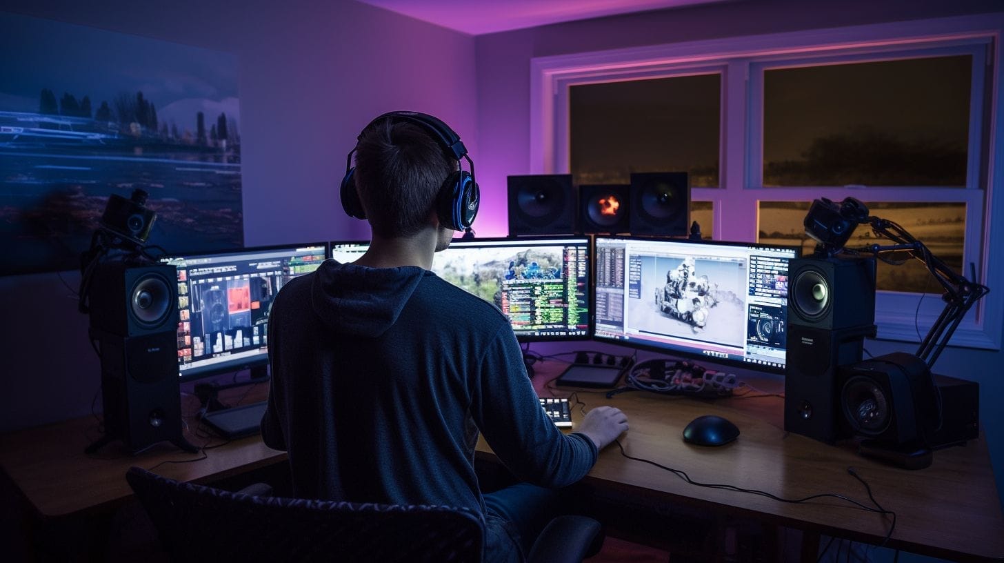 A person streaming on Twitch from their home office setup.