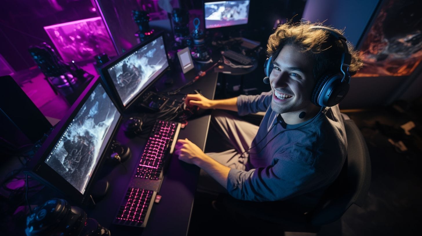 A gamer streaming gameplay on Twitch with a high-tech gaming setup.